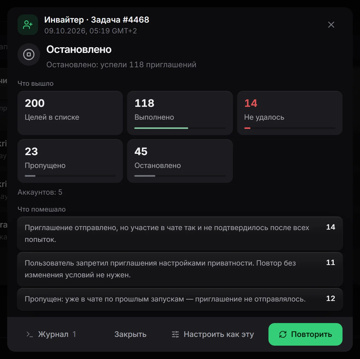 Результаты инвайтера